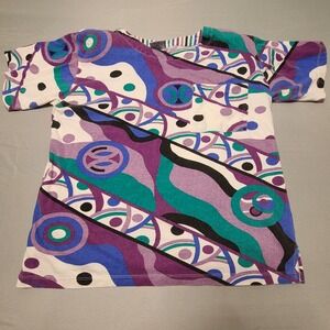 Vintage 90s Womens Abstract Graphic Tee Shoulder Pad Art Print Cotton Medium